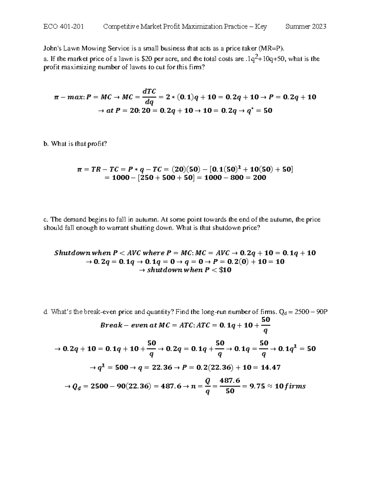 Comp Profit Maximization Practice - Key - ECO401 - UKY - Studocu