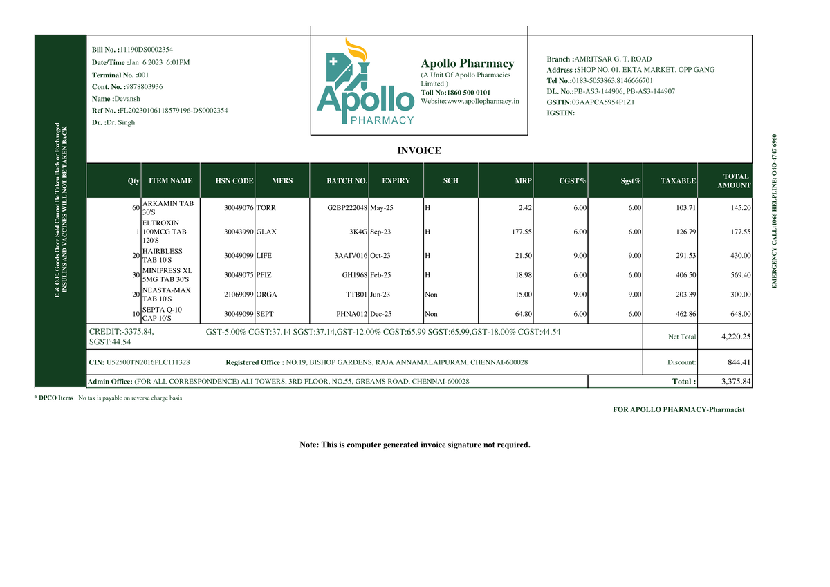 Apollo Medicine Invoice Feb 3 2023 11 12 - E & O. Goods Once Sold ...