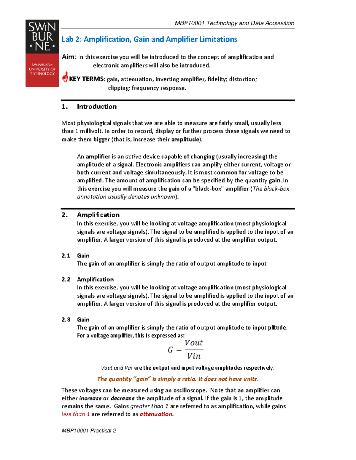 MBP10001 lab 2_Amplifiers - Lab 2: Amplification, Gain and Amplifier ...