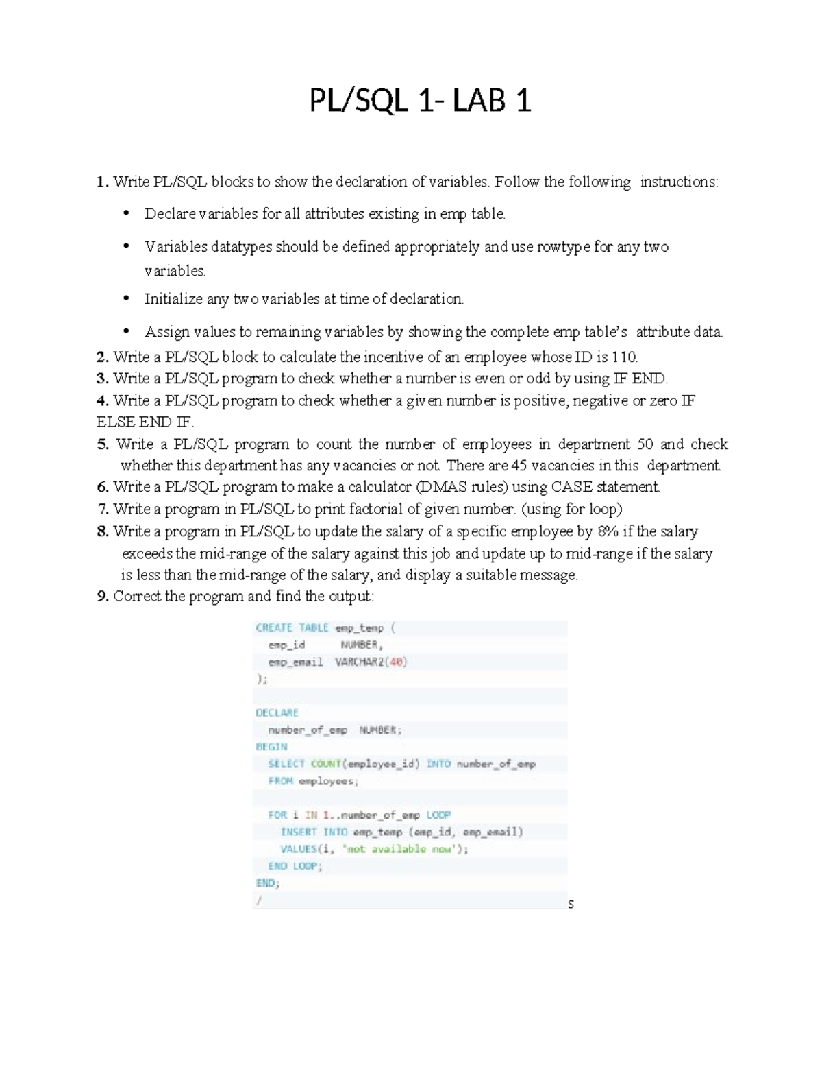 Lab -12 Plsql - automata - PL/SQL 1- LAB 1 1. Write PL/SQL blocks to ...