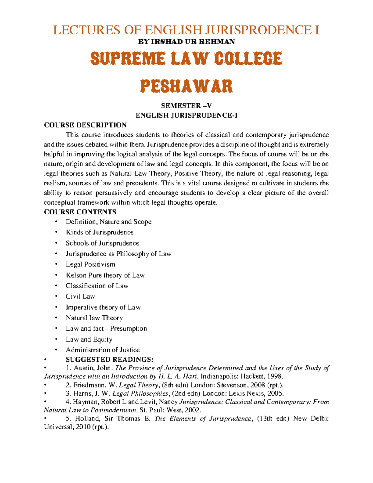 Eng jurisprudence BY IRSHAD UR REHMAN SUPREME LAW COLLEGE PESHAWAR