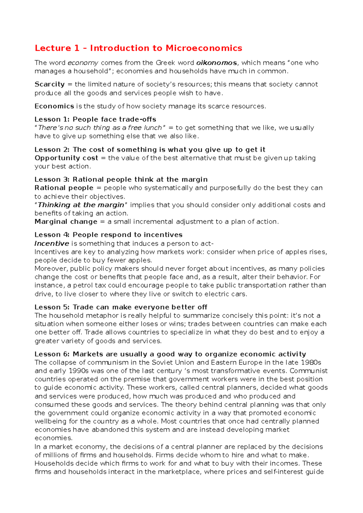 Economics - Notes - Lecture 1 – Introduction to Microeconomics The word ...