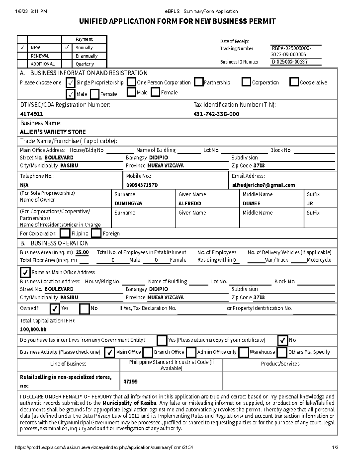 E BPLS - Summary Form Application - 1/6/23, 6:11 PM eBPLS - SummaryForm ...