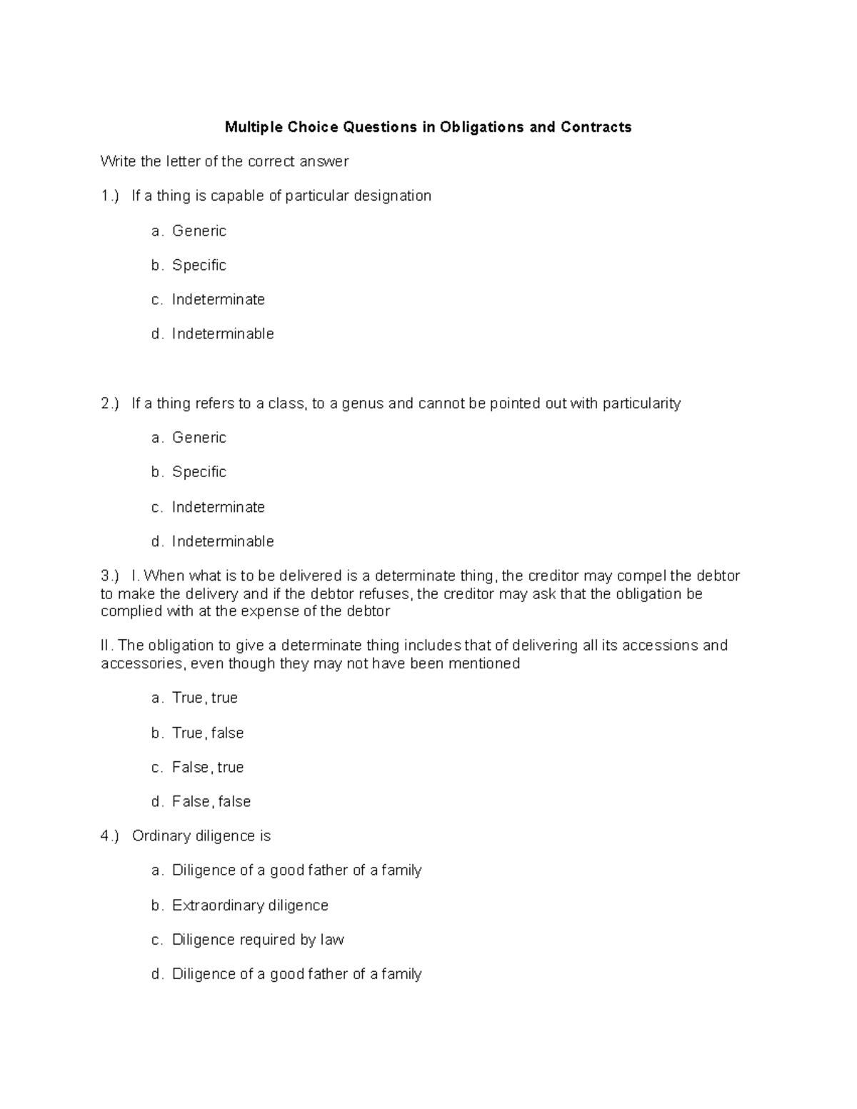 Oblicon Test Bank 4 - Multiple Choice Questions In Obligations And ...