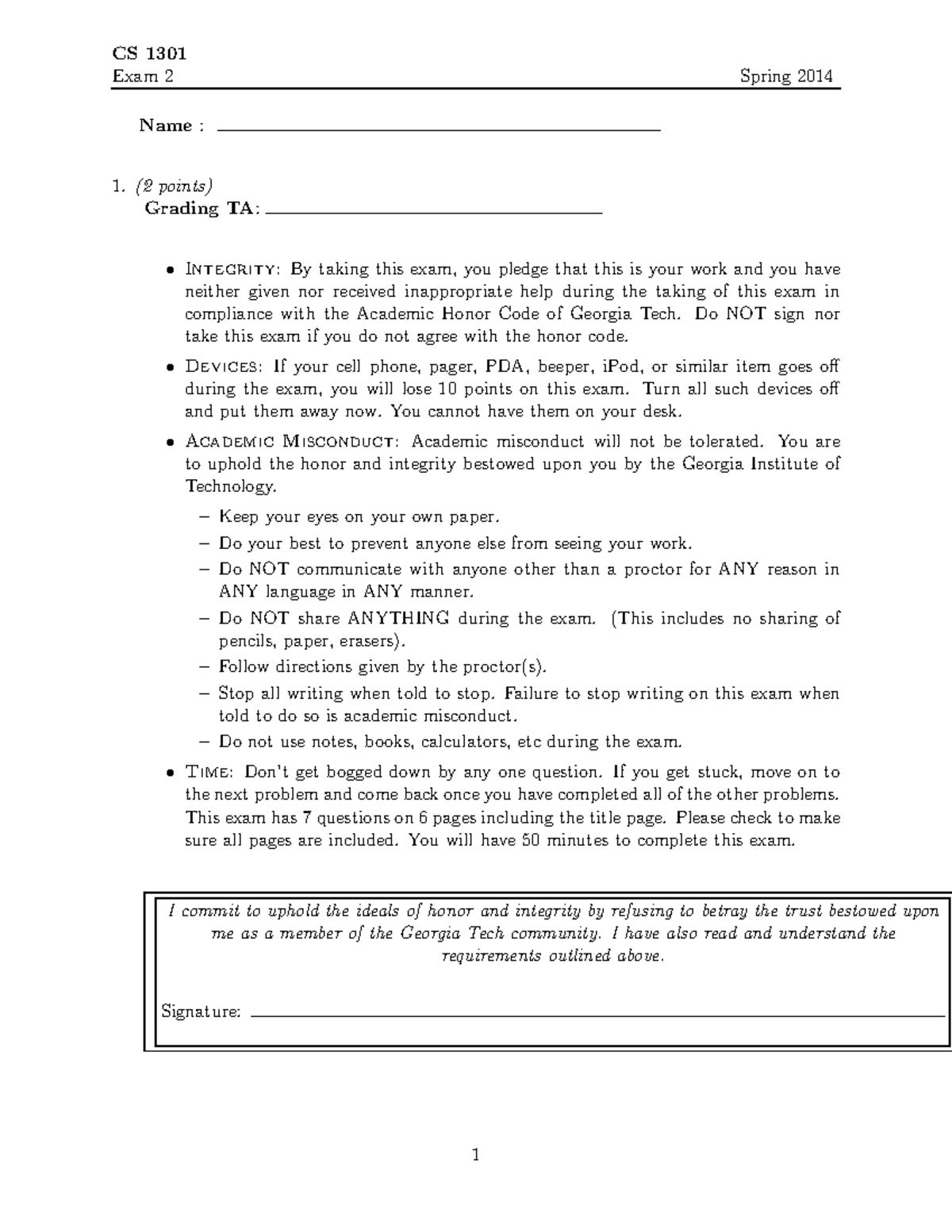 SP14 Exam 2 - Practice Exams - CS 1301 Exam 2 Spring 2014 Name : (2 ...