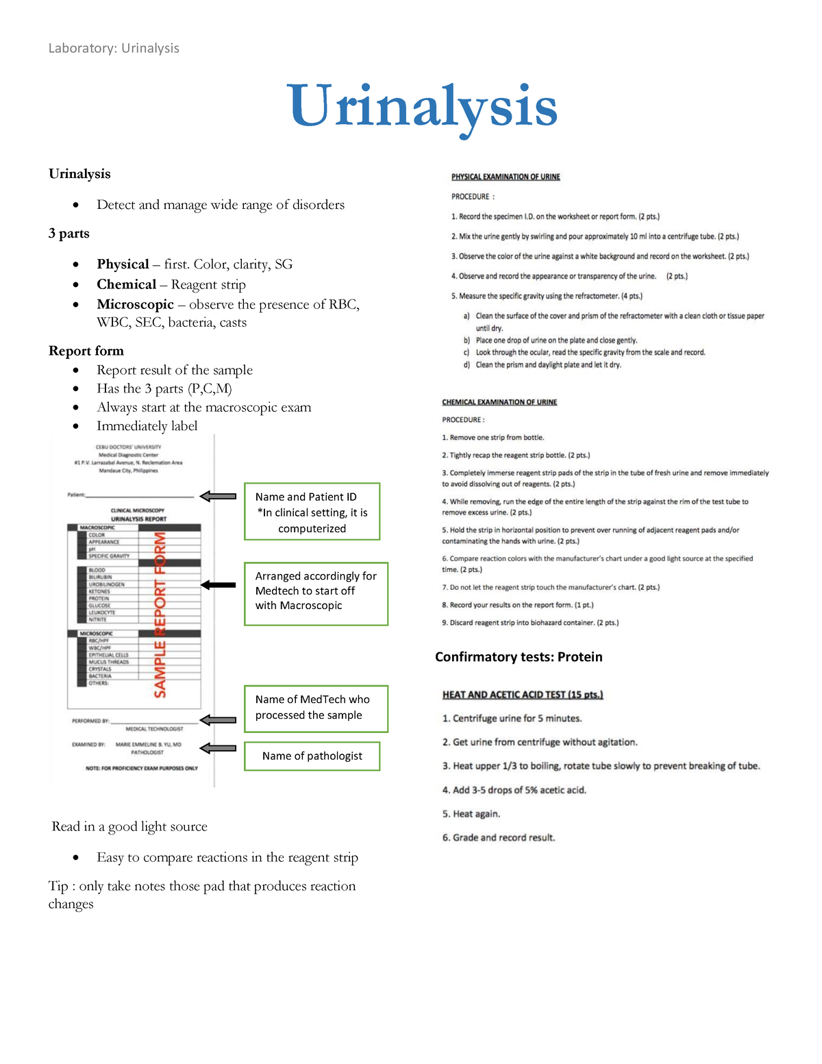 Lab-Urinalysis - lecture notes - Laboratory: Urinalysis Urinalysis ...