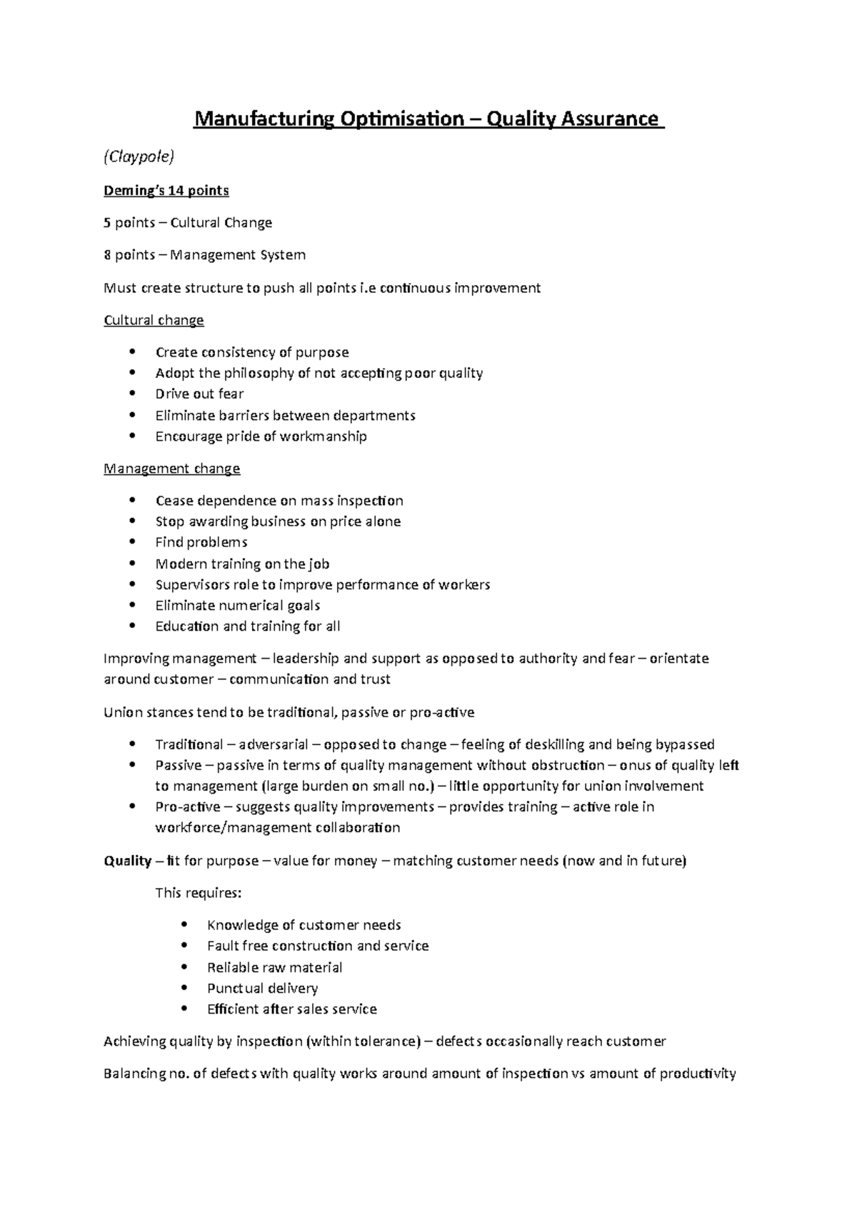 Manu Opt QA Notes - Quality Assurance - Manufacturing Optimisation ...