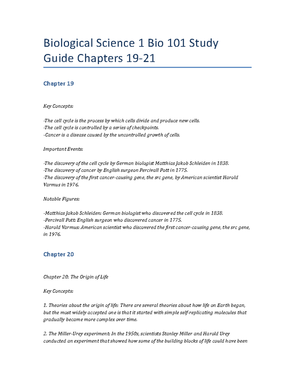 Biological Science 1 Bio 101 Study Guide Chapters 19-21 -the Cell Cycle 