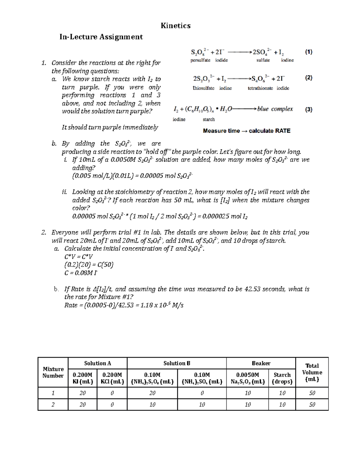 7a. In-Lecture Assignment Kinetics - Kinetics In-Lecture Assignment 1 ...