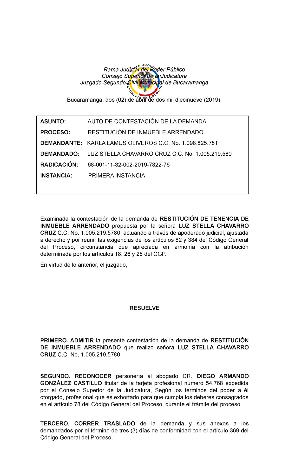 Auto corre traslado DEMANDA Rama Judicial del Poder Público Consejo