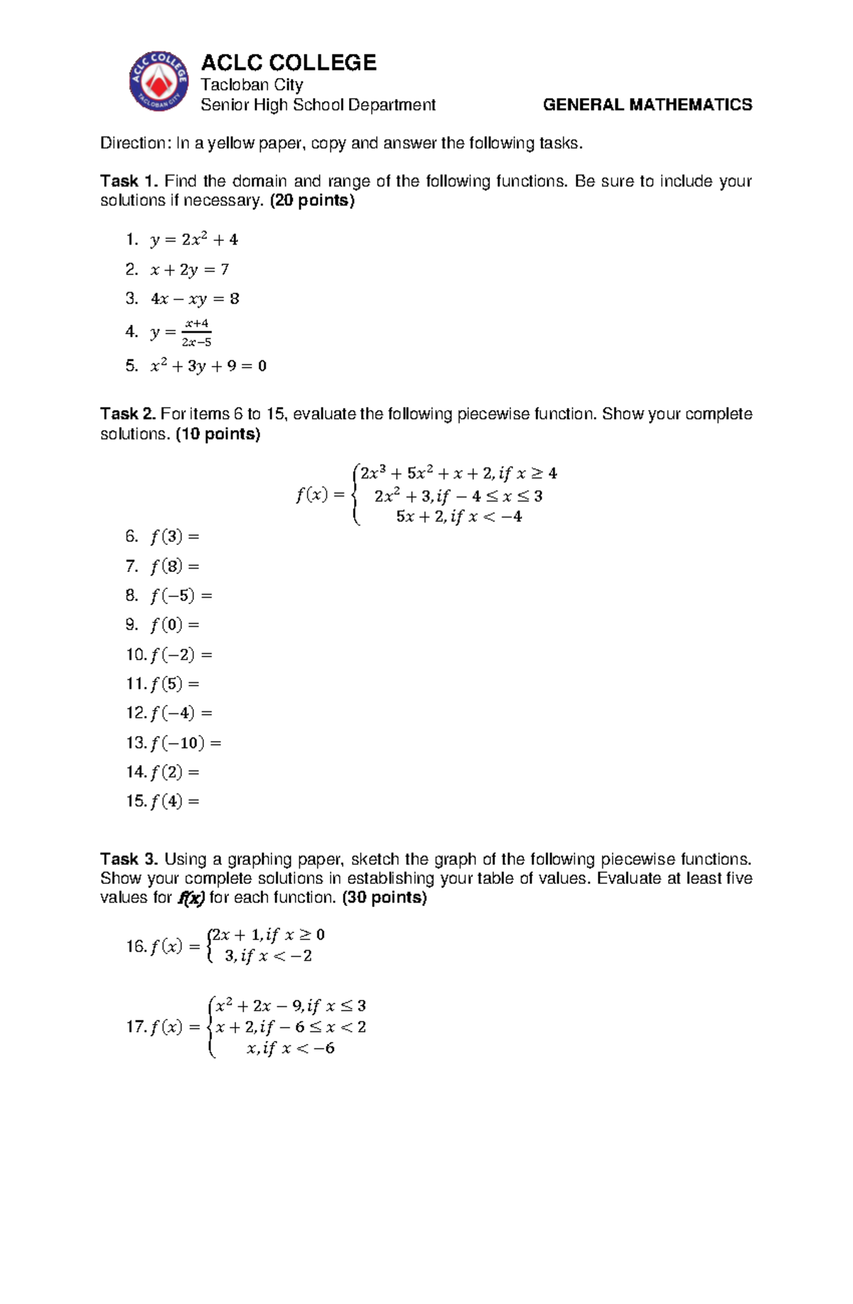 Genmath Module 1 Activity 2 - ACLC COLLEGE Tacloban City Senior High ...