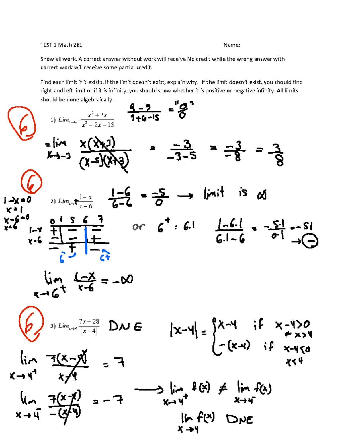 Key Calculus Test #1 - Test PDF - TEST 1 Math 261 Name: Show all work ...