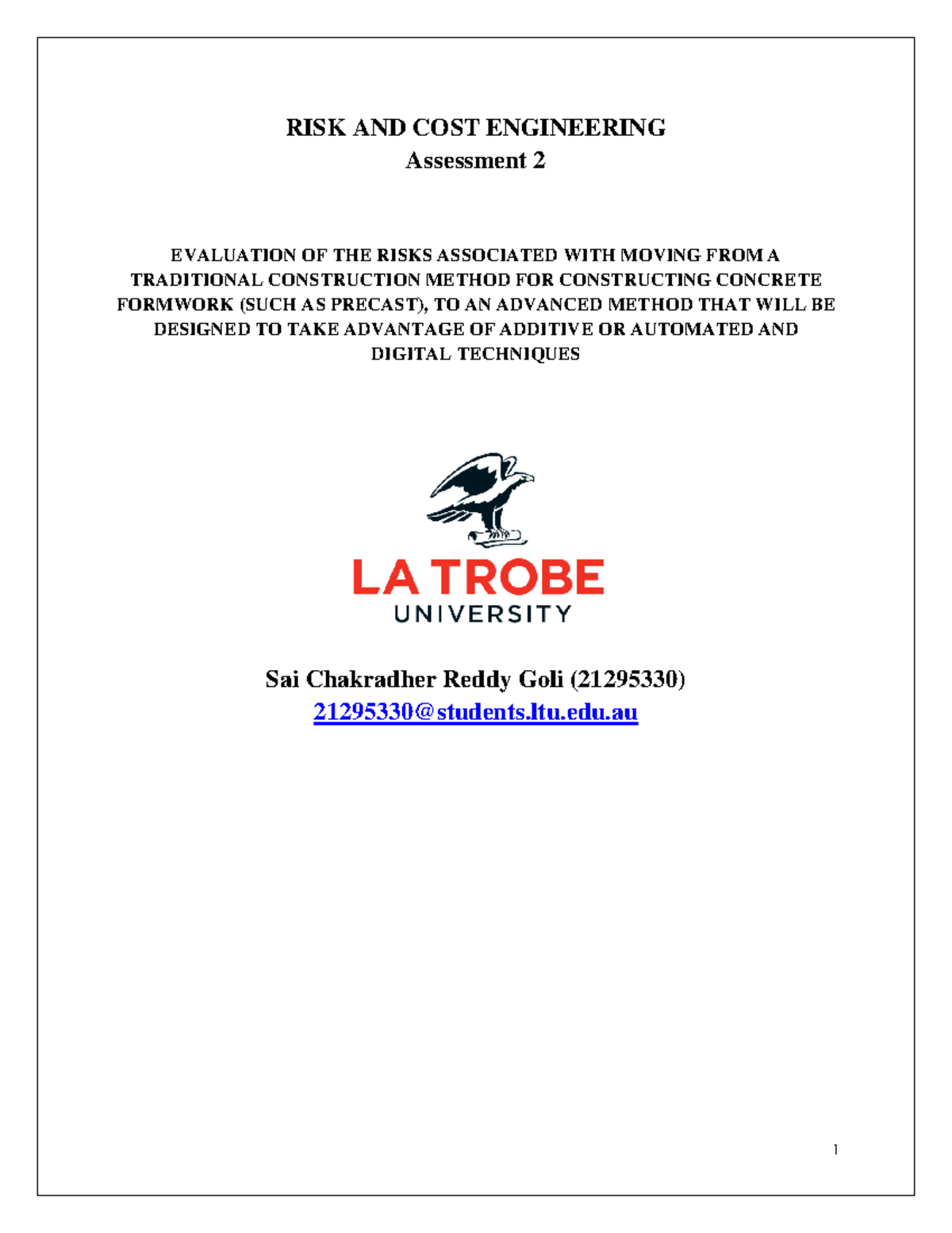 Risk and Cost Engineering Assessment 2 - RISK AND COST ENGINEERING ...