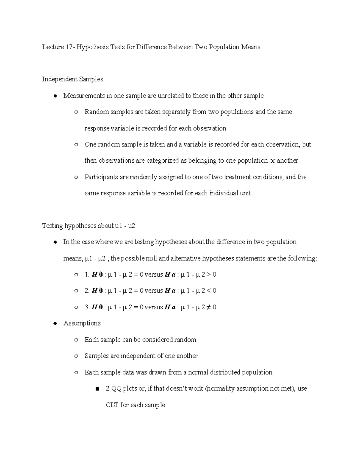 Lecture 17 Hypothesis Tests for Difference Between Two Population