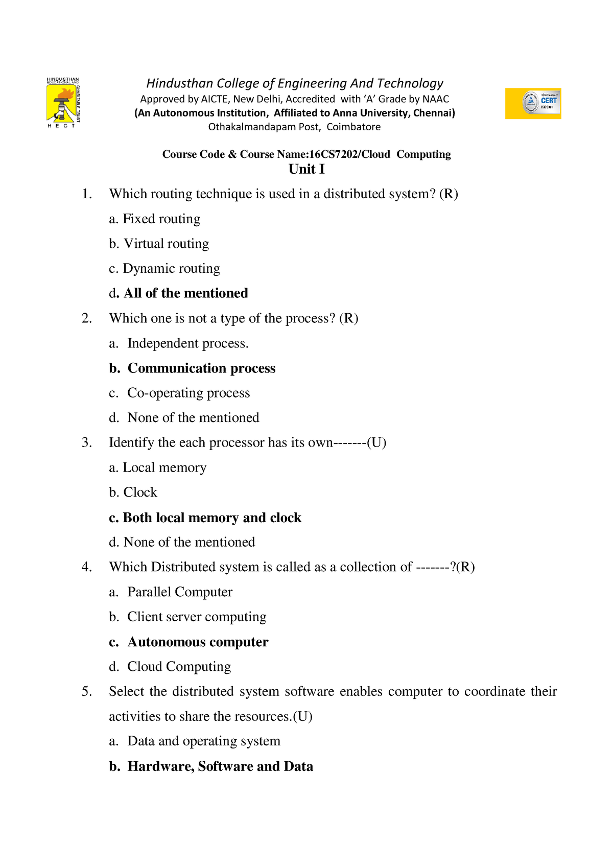 Cloud Computing MCQ-Multiple Choice Questions And Answers - Hindusthan ...