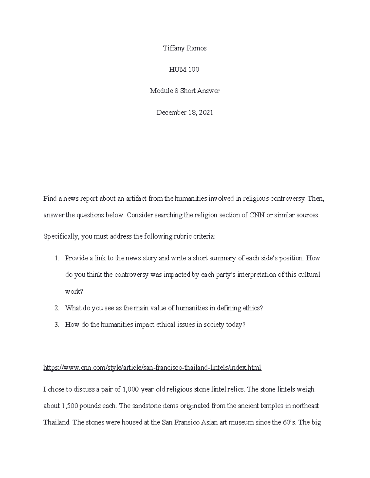 HUM 100 Module 8 short answer Tiffany Ramos HUM 100 Module 8 Short