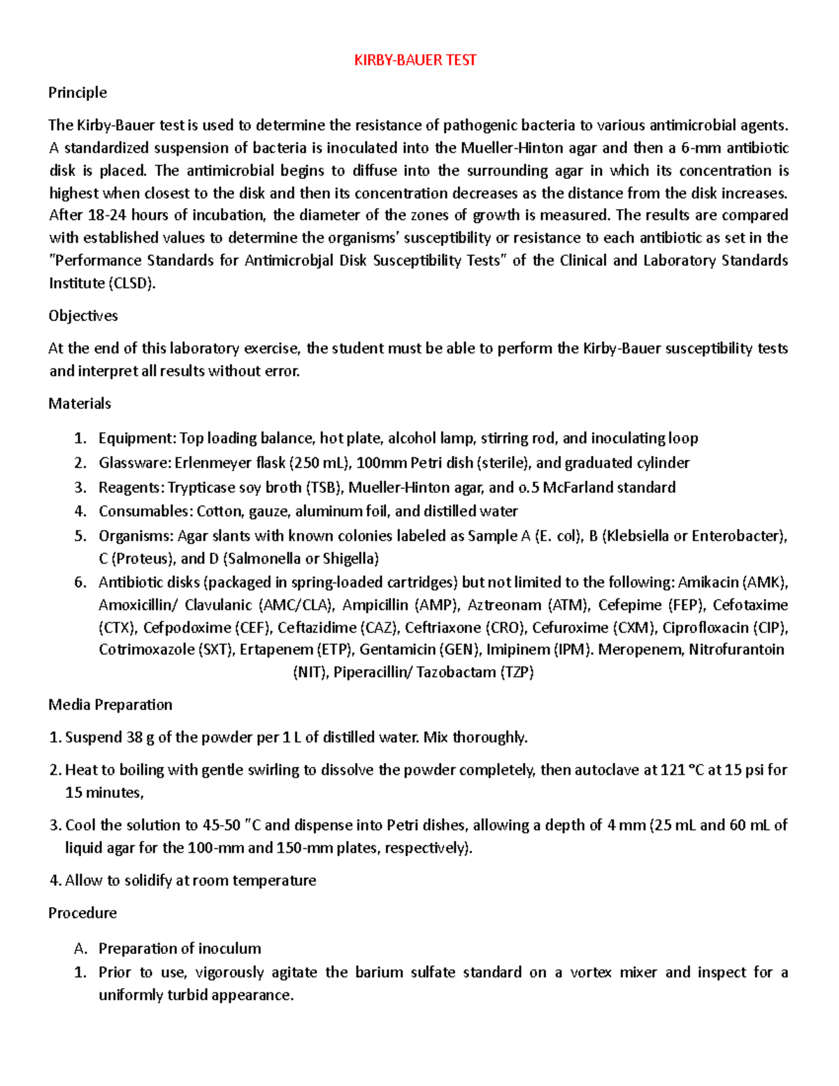 Kirby Bauer TEST KIRBYBAUER TEST Principle The KirbyBauer test is