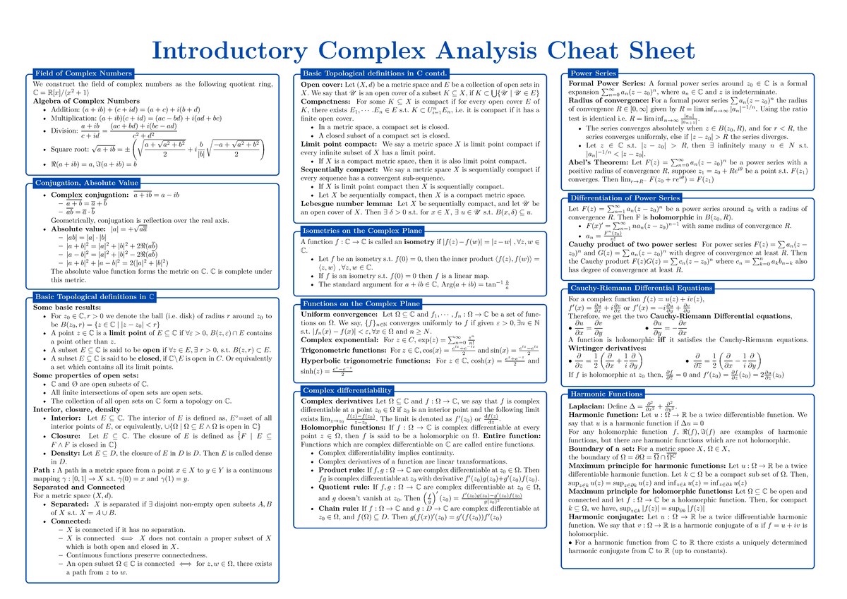 Complex Analysis Cheat Sheet - Absolute value: |a| = + √ aa |ab| = |a ...