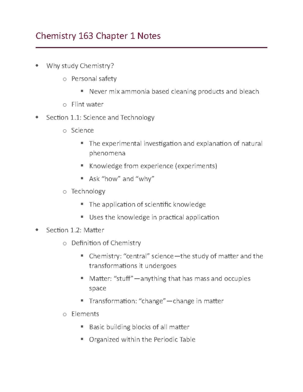 Chapter 1 Notes - Lecture - Chemistry 163 Chapter 1 Notes Why Study ...