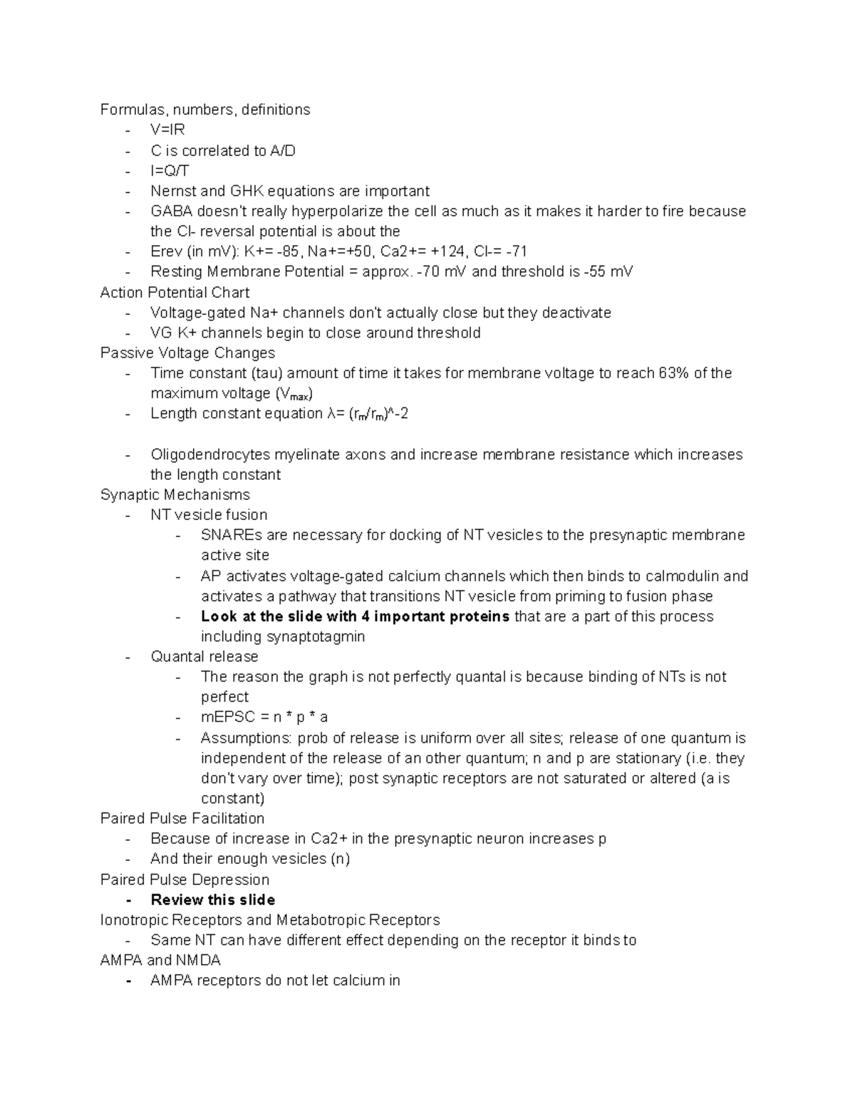 Final Review Session Notes Cell Neuro - Formulas, numbers, definitions ...