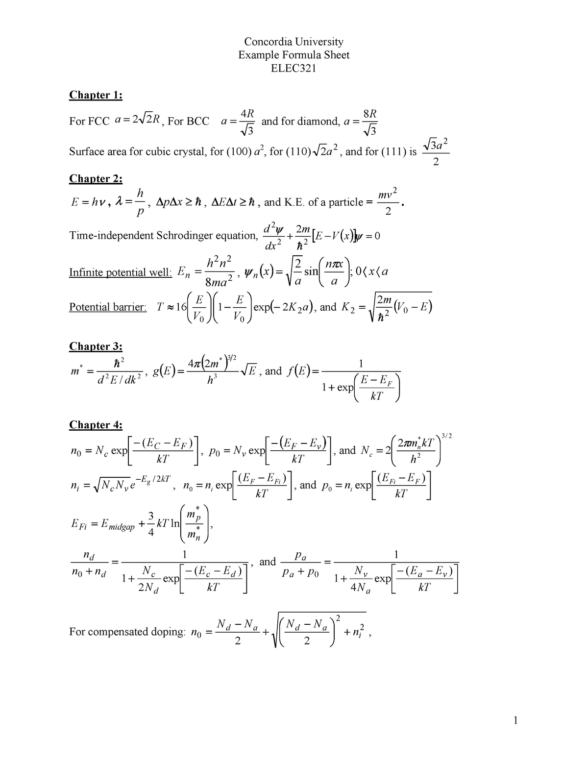 Formula sheet - Concordia University Example Formula Sheet ELEC 321 1 ...