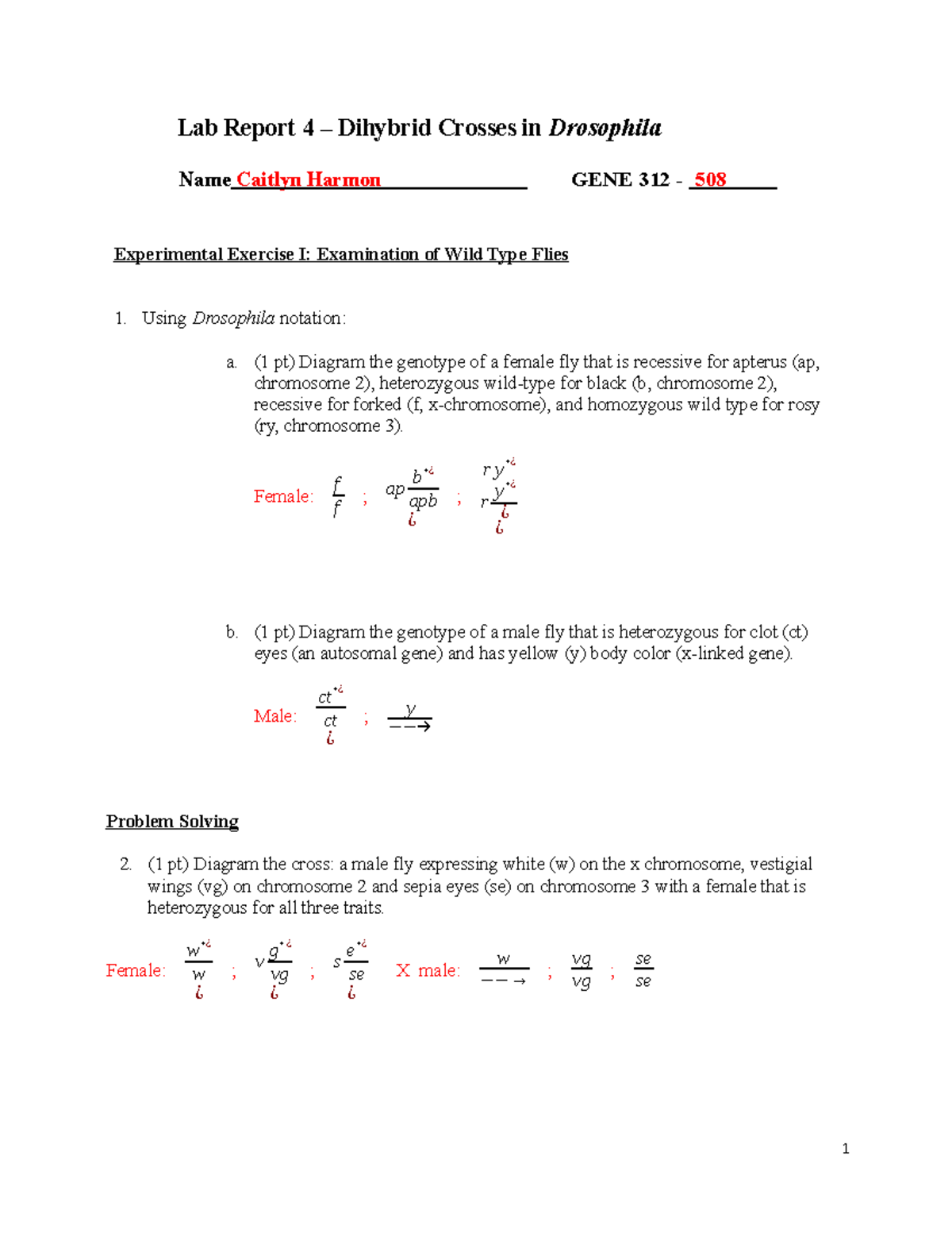 Lab Work sheet of Biology Environmental Course Lab Report 4 Dihybrid Crosses in Drosophila