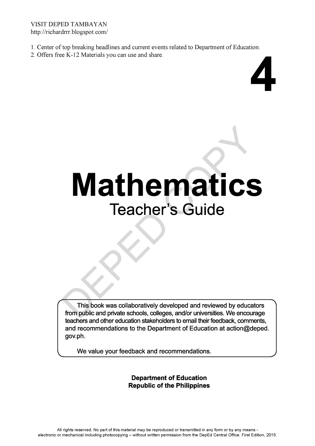 TG Mathematics 4 Q2 - teacher's guide - DEPED COPY All rights reserved ...