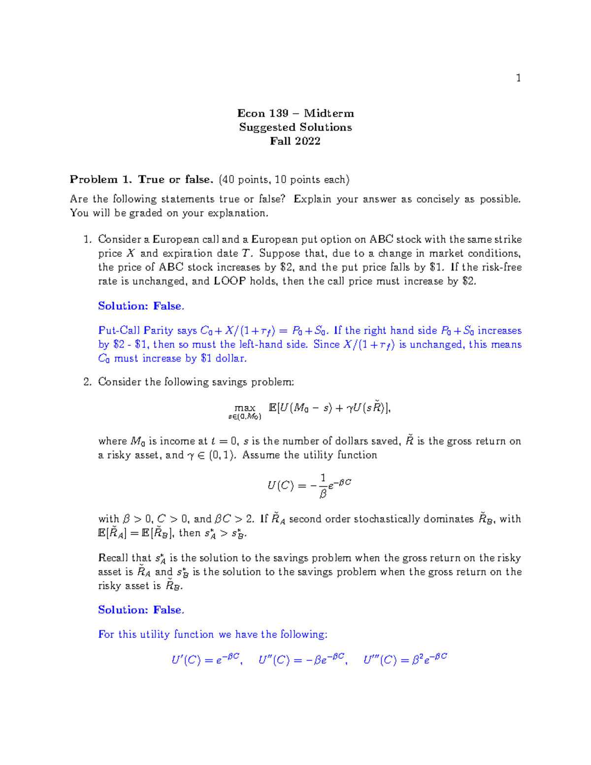 Midterm Fall2022 Solution - Econ 139 – Midterm Suggested Solutions Fall ...