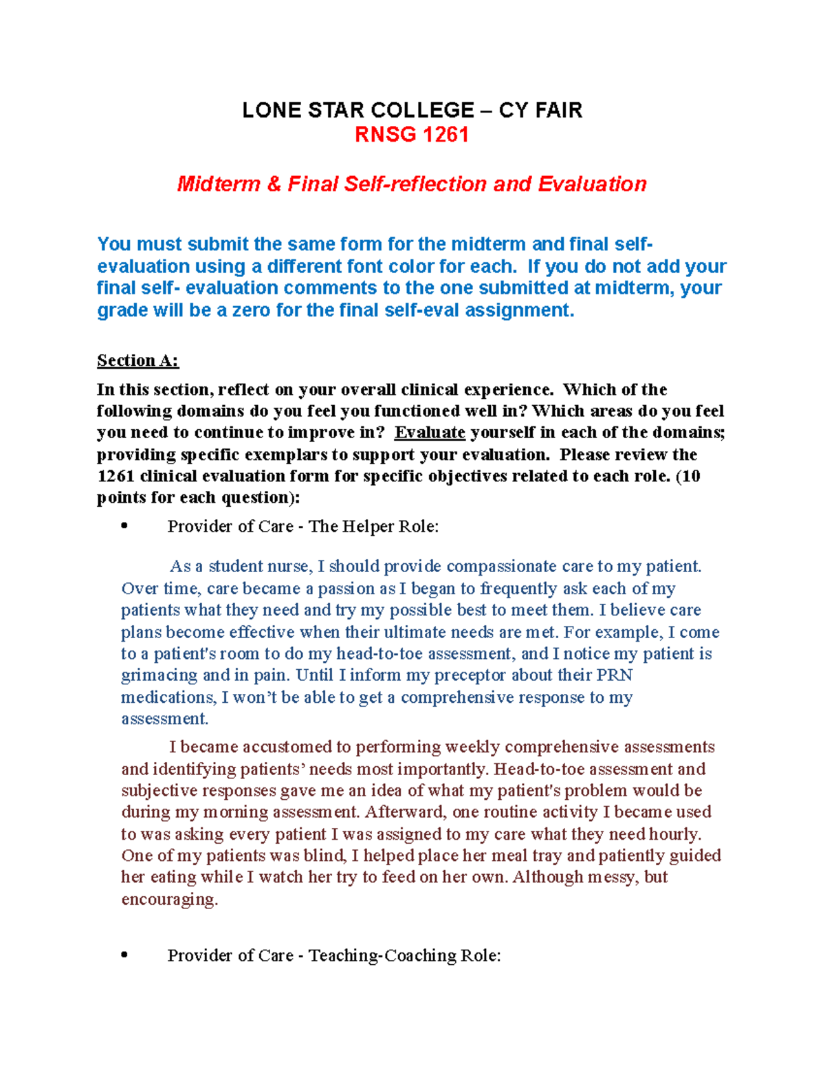 RNSG 1261 J.I Self Reflection by student midterm and final