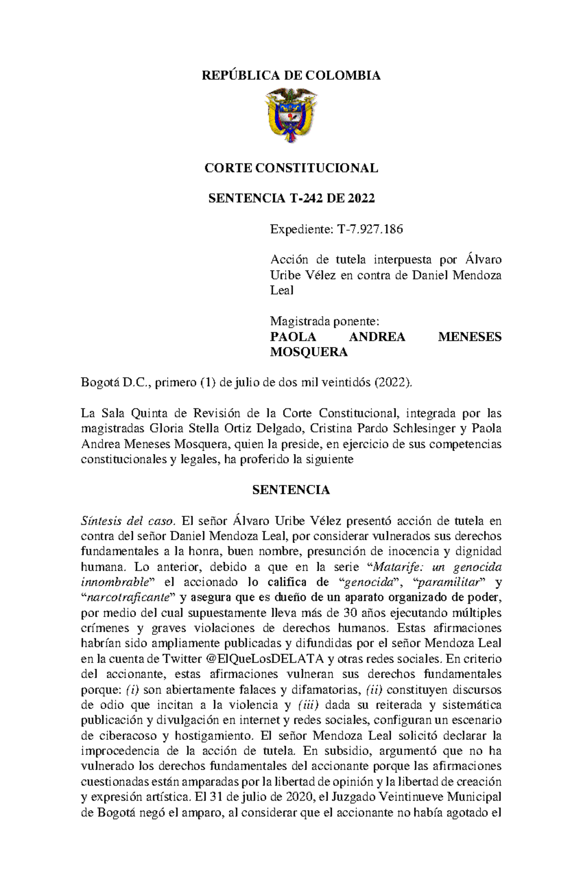 Sentencia Corte Constitucional 2 - REPÚBLICA DE COLOMBIA CORTE ...