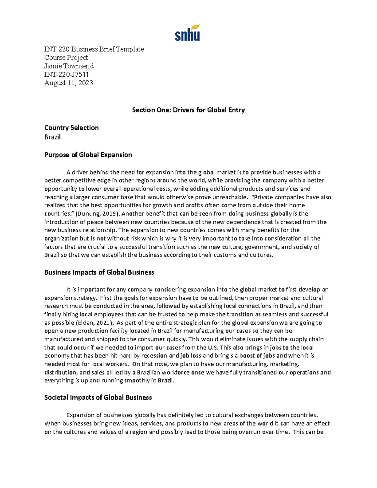 INT 220 Final Project - INT 220 Business Brief Template Course Project ...