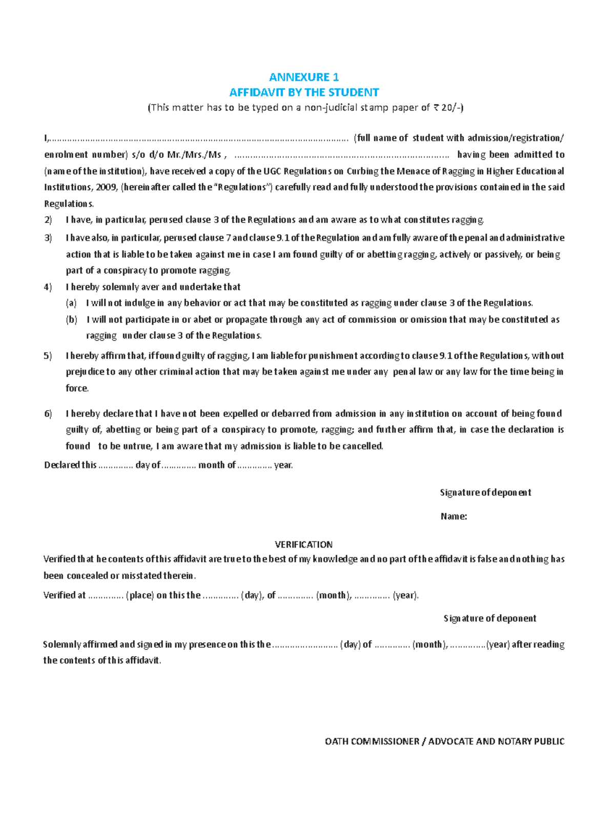 Affidavit Student - ANNEXURE 1 AFFIDAVIT BY THE STUDENT (This matter ...