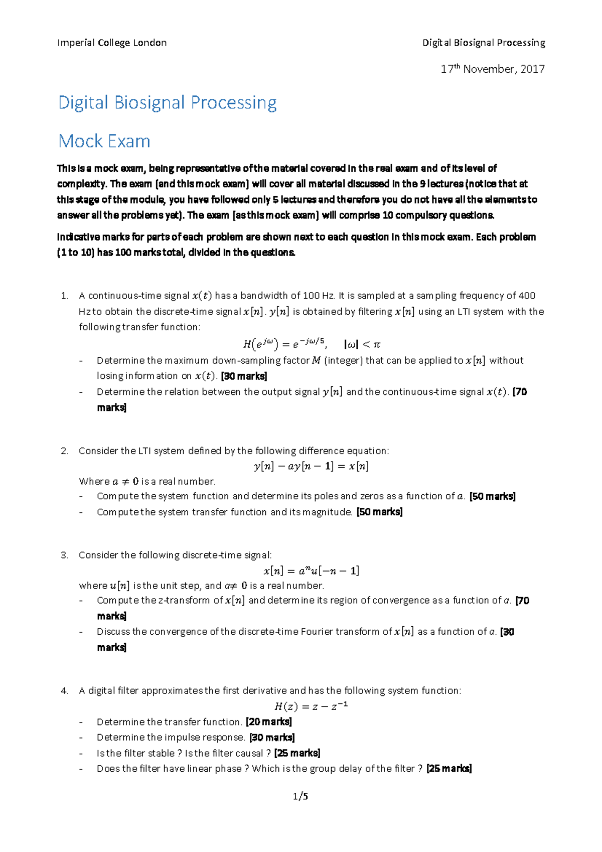 Mock Exam1 - Practice question - 17 th November, 2017 Digital Biosignal ...