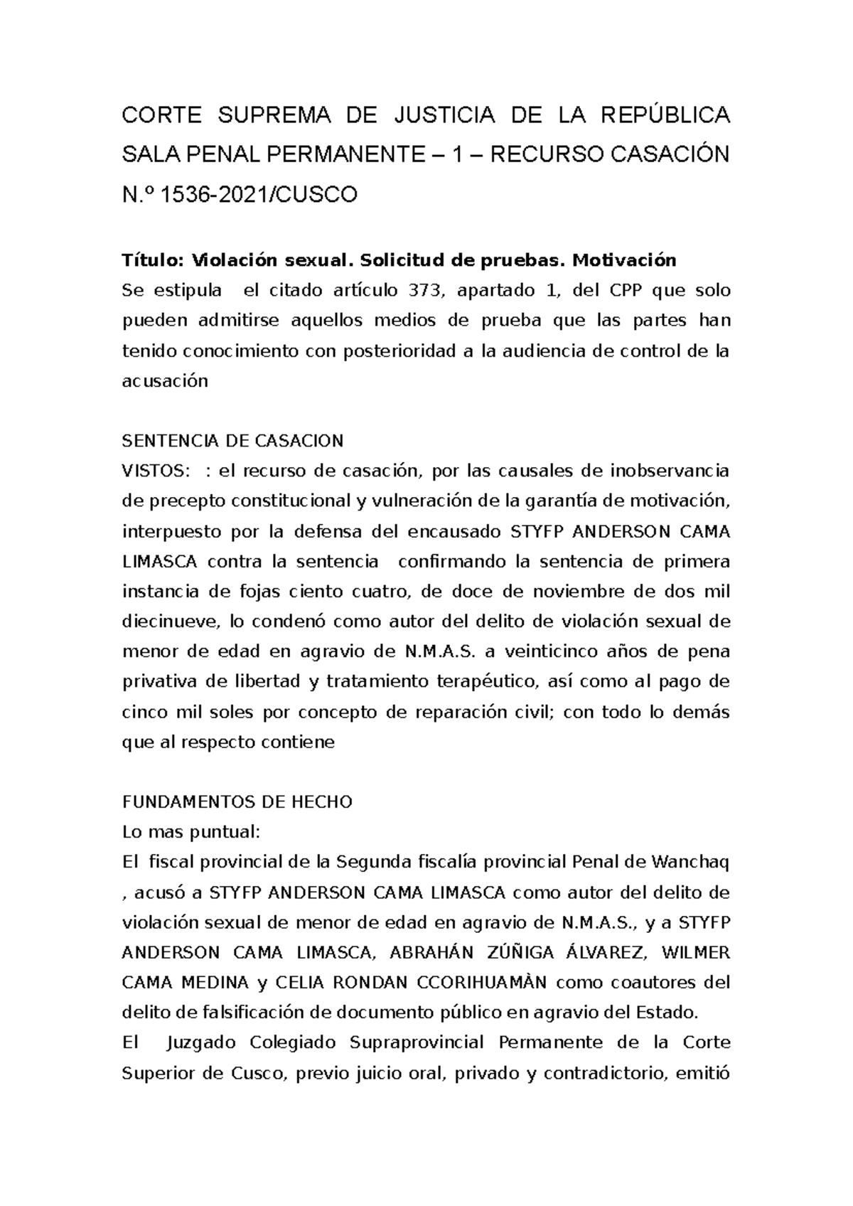 Corte Suprema DE Justicia DE LA República SALA Penal Permanente - CORTE ...