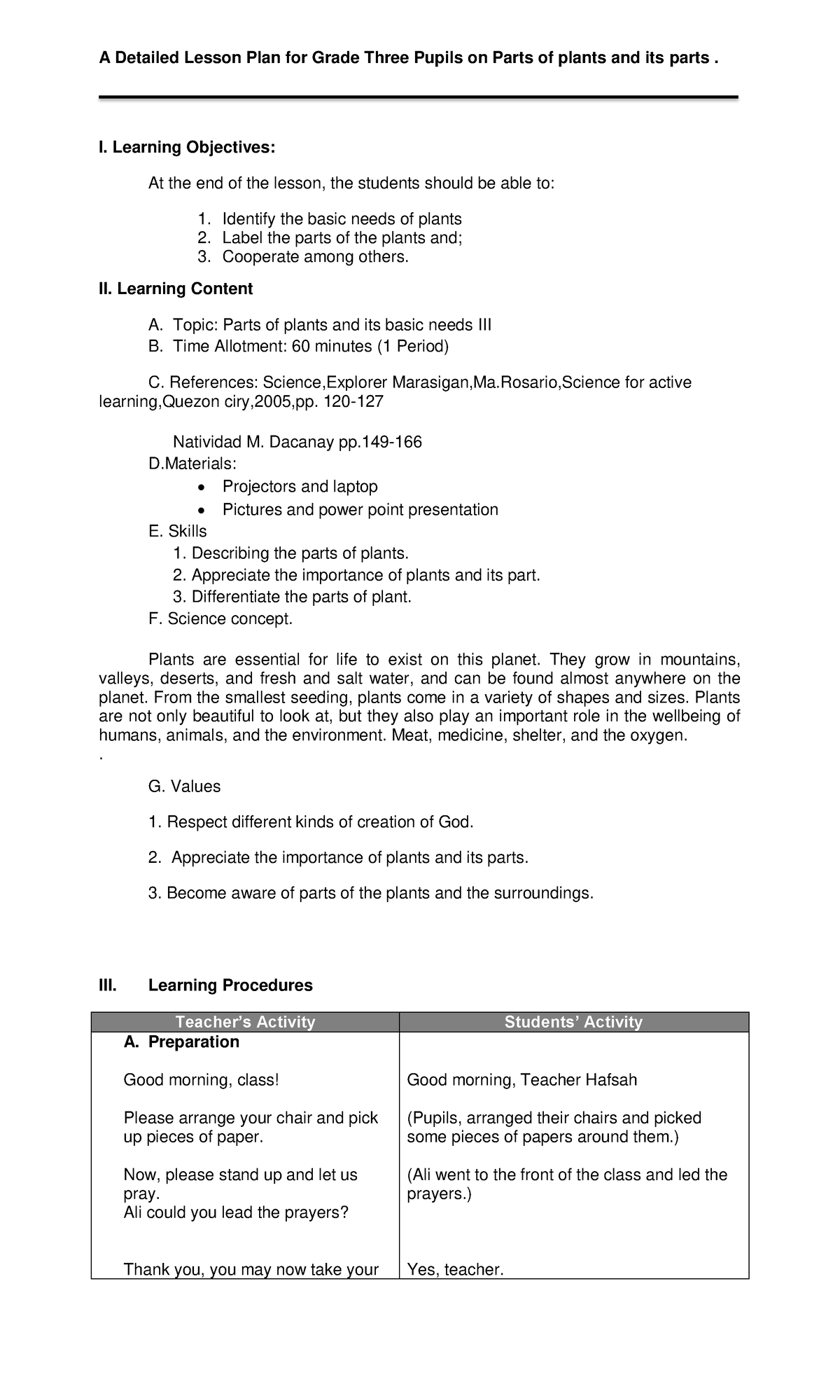 Grade 3 - Lesson Plan - I. Learning Objectives: At The End Of The 