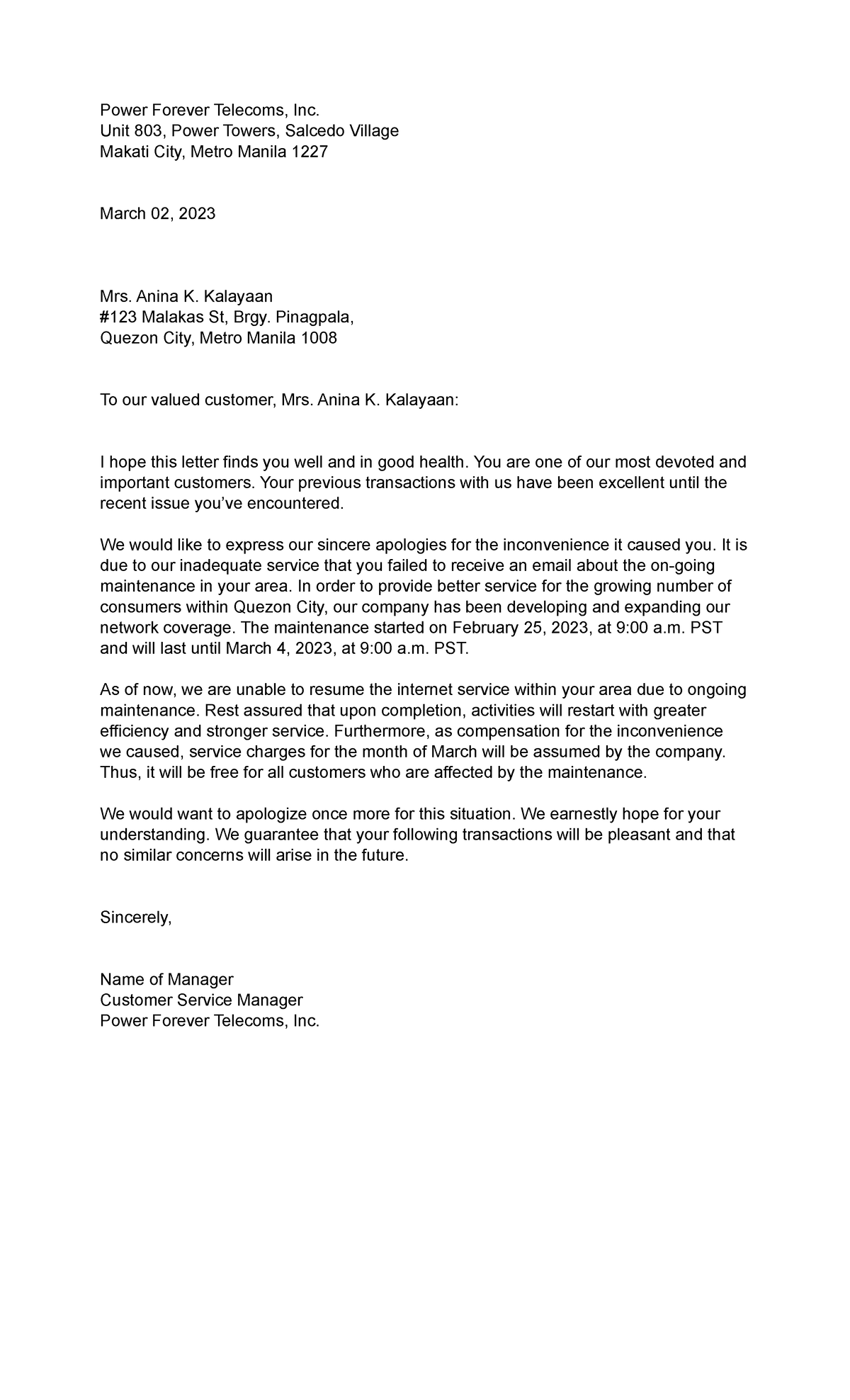 Apology Letter - Power Forever Telecoms, Inc. Unit 803, Power Towers ...