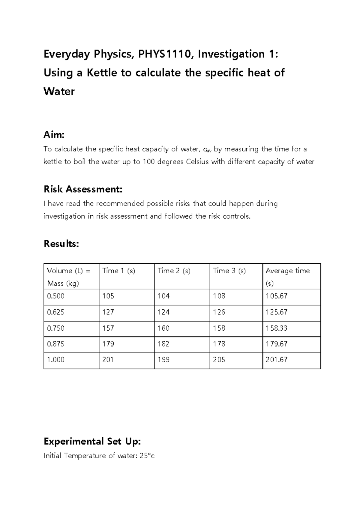 Everyday Physics, PHYS1110, Investigation 1 Using a Kettle to