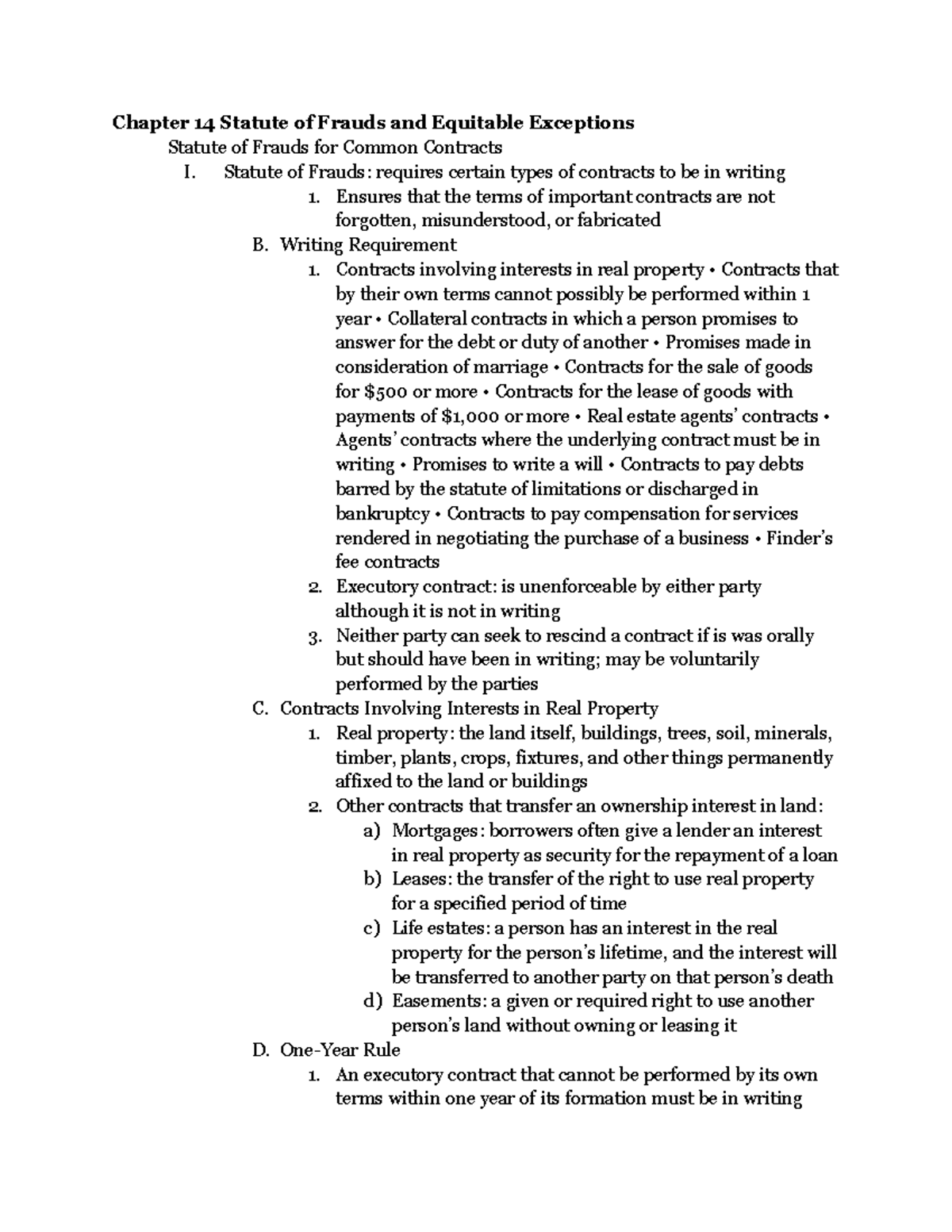 Business Law Unit 3 Summaries Chapter 14 Statute of Frauds and