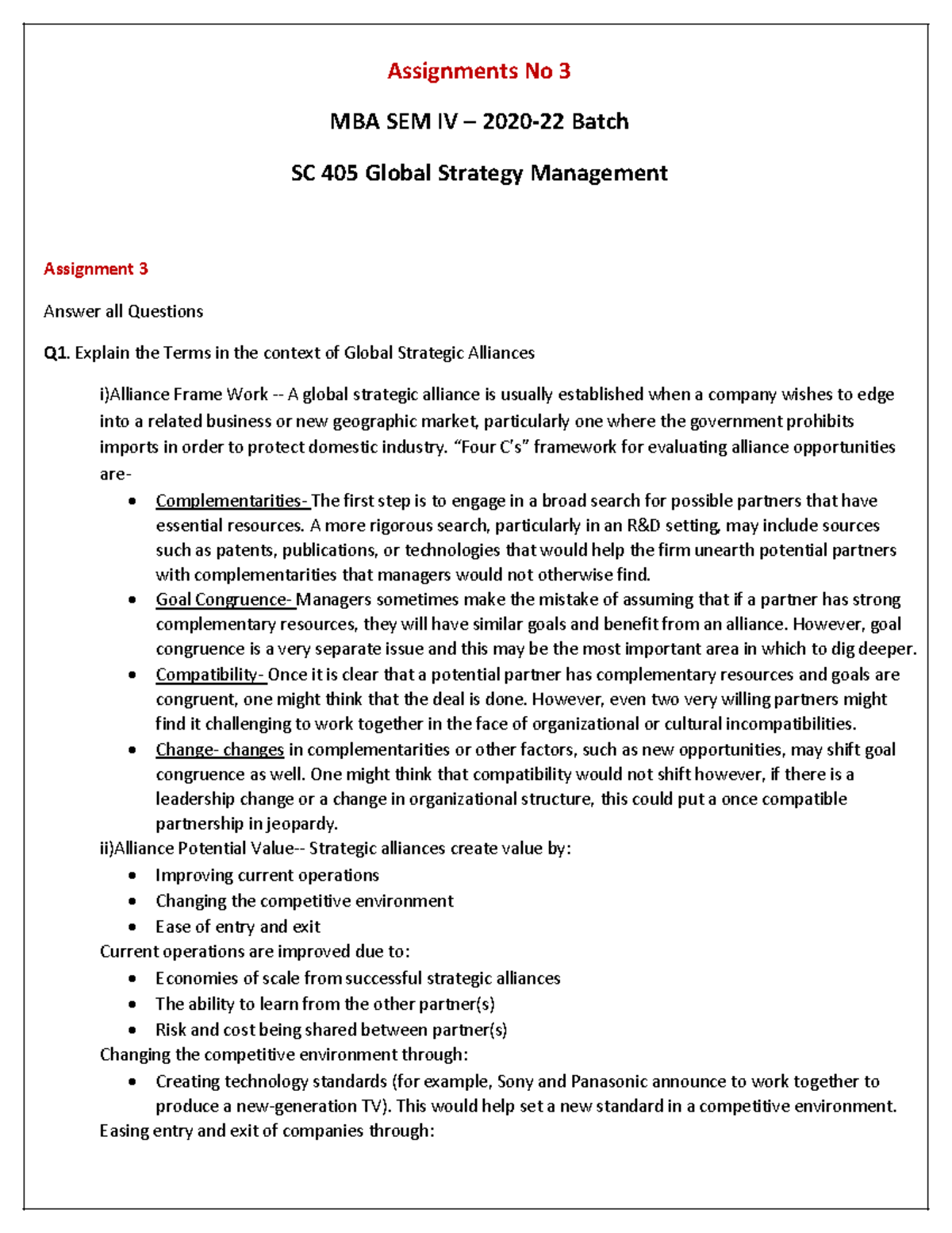 Assignments 3 - final assignment - Assignments No 3 MBA SEM IV – 2020 ...