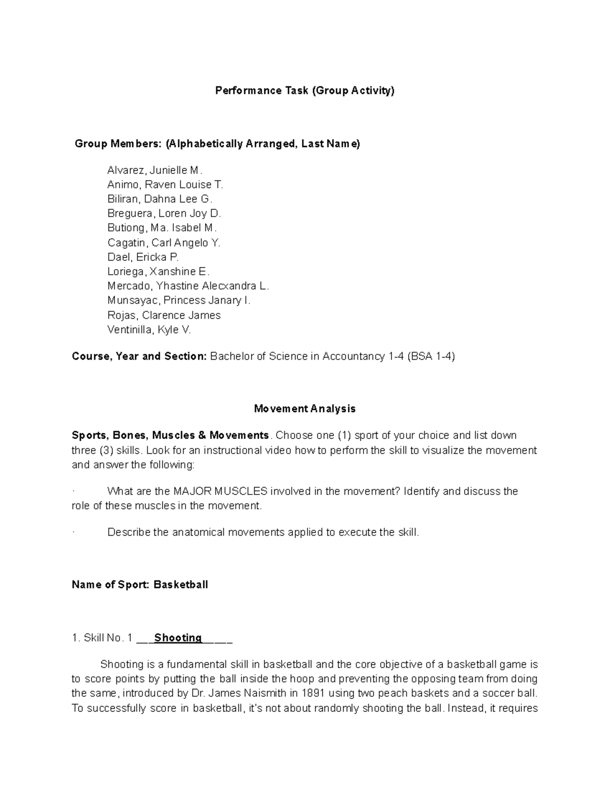 Pathfit, BSA 1-4, Group 1 - Performance Task (Group Activity) Group ...