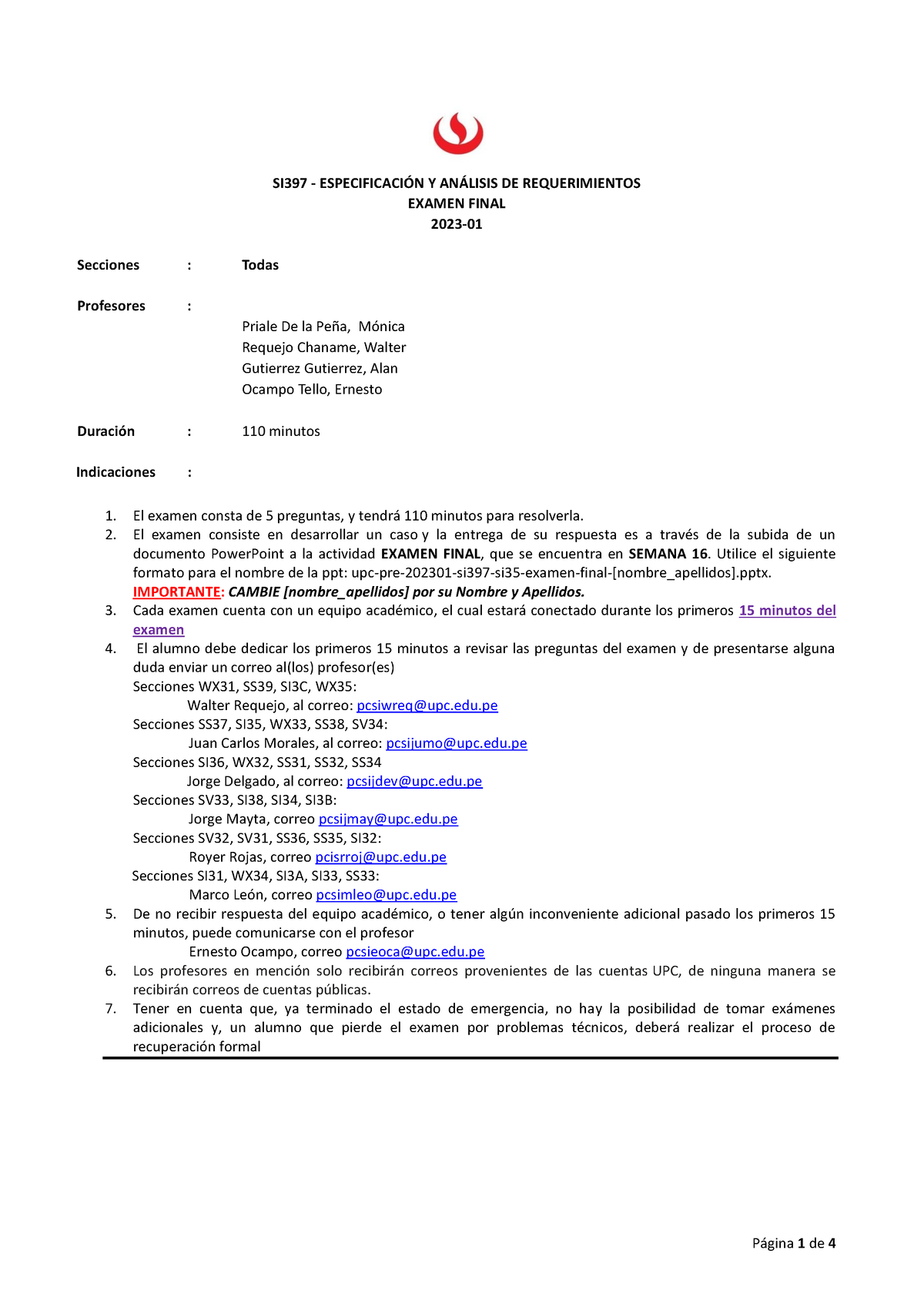 Upc Enunciado Examen Final - SI397 - ESPECIFICACI”N Y AN¡LISIS DE ...