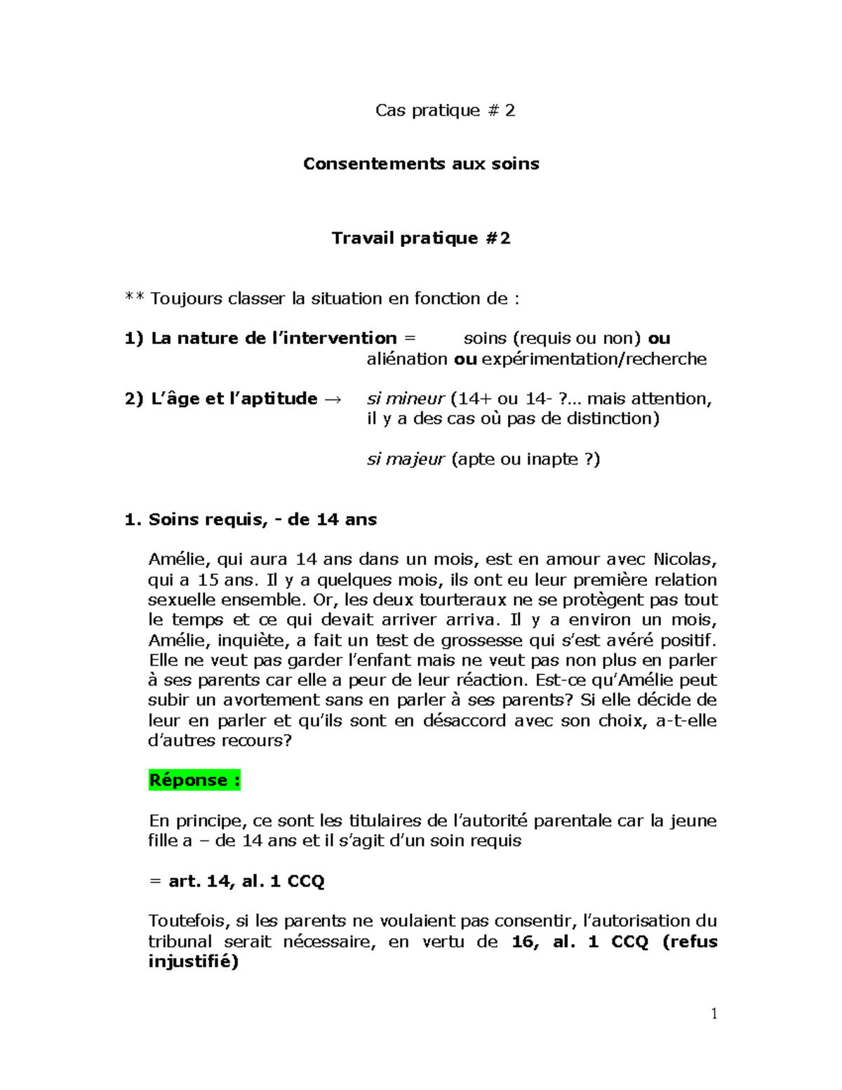 Corrigé + Cas Pratique Sur Le Consentement Aux Soins - Cas Pratique # 2 ...