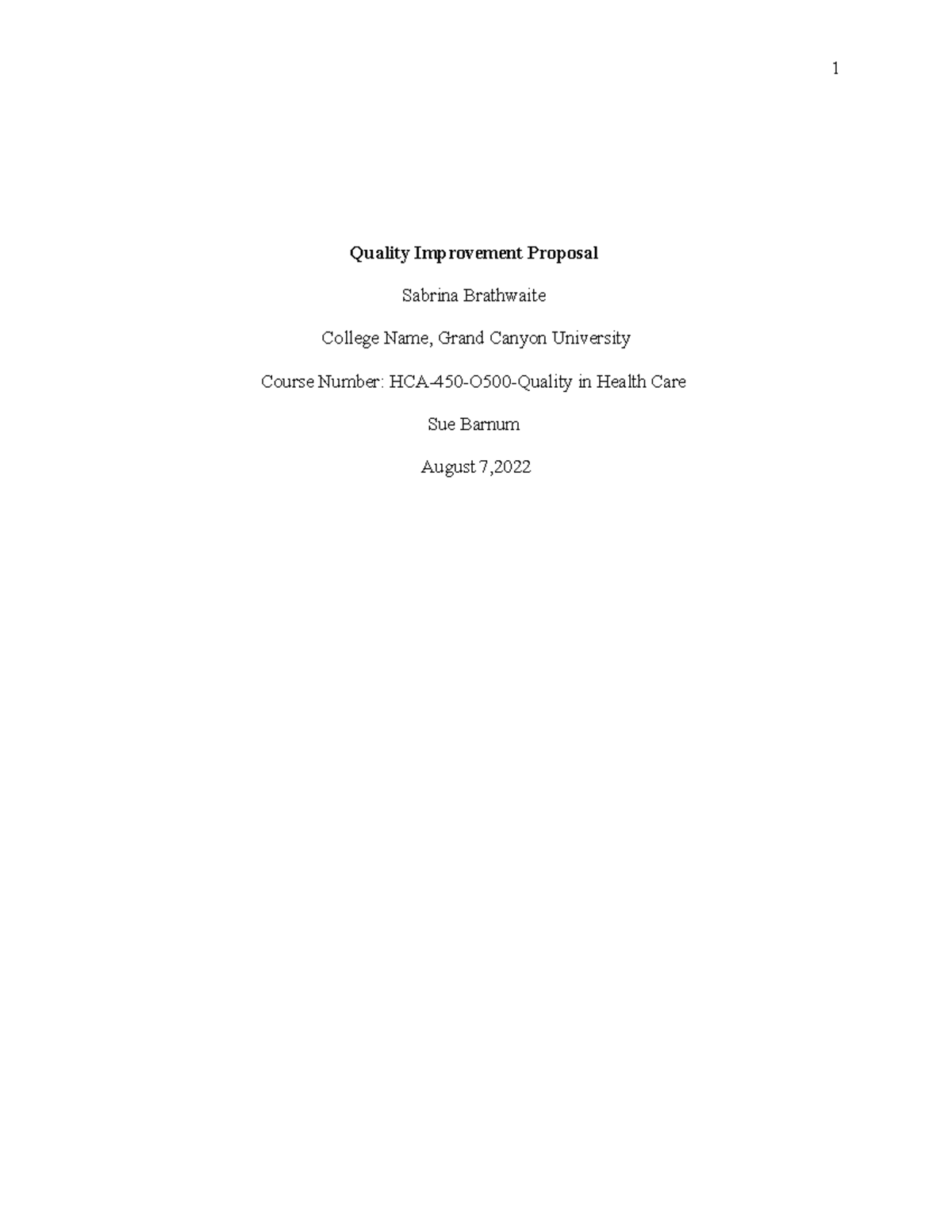 Quality Improvement Proposal - Quality Improvement Proposal Sabrina ...