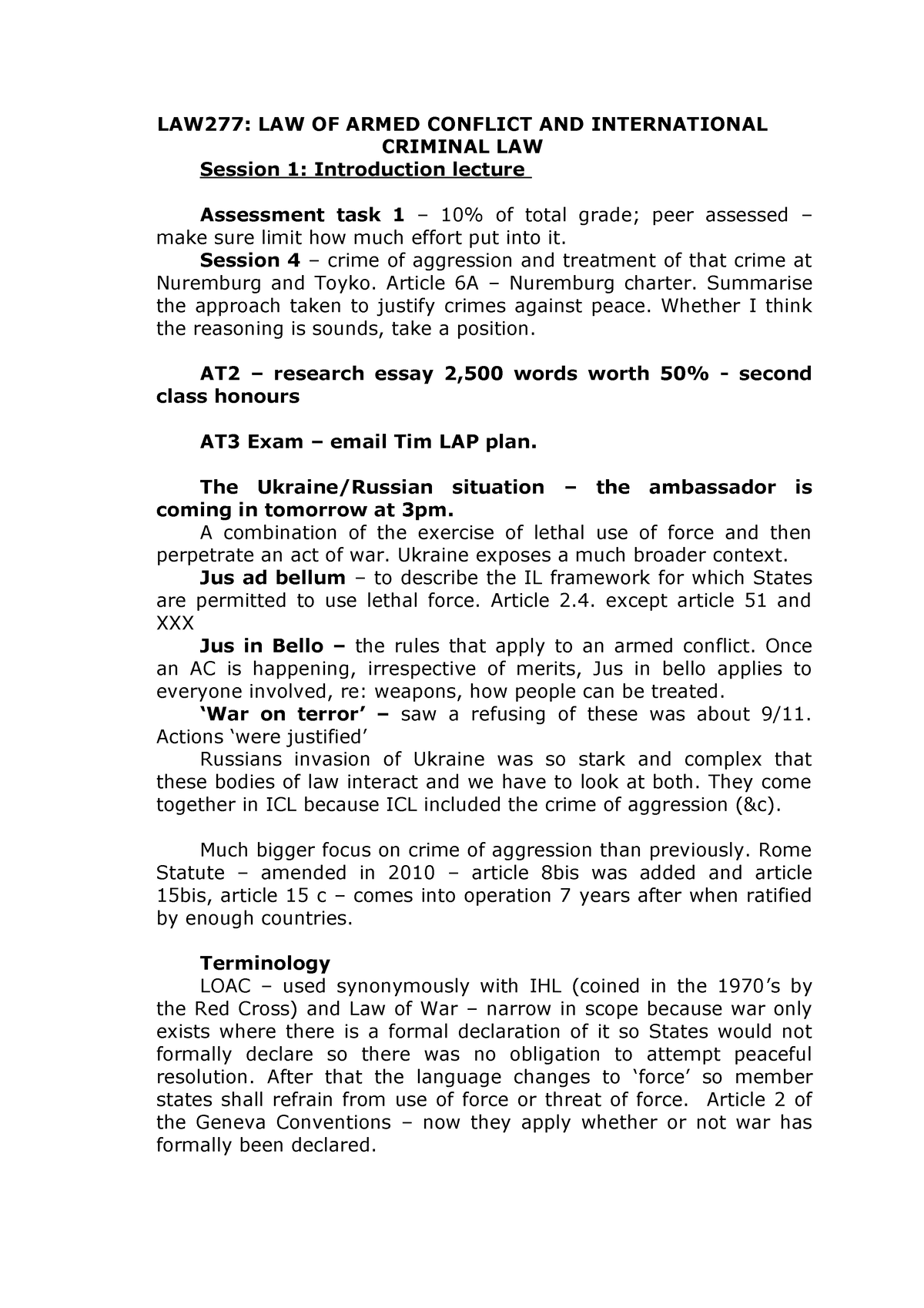 Loac And Icl Notes Law277 Law Of Armed Conflict And International Criminal Law Session 1