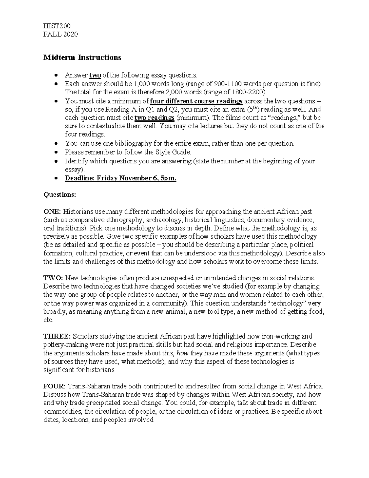 HIST200 FALL 2020 Midterm Instructions - Studocu