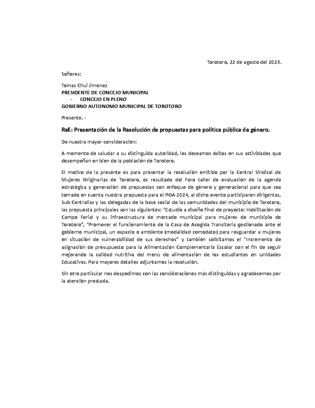 Nota d Presentacion de Propuesta POA 2024 Torotoro, 22 de agosto del