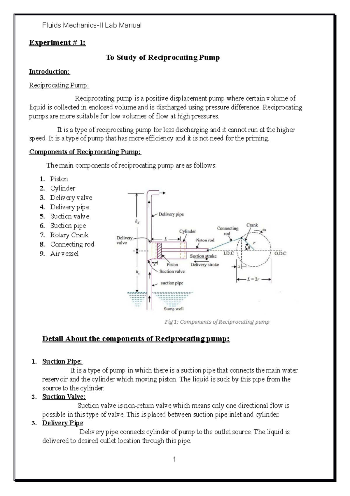 Fm 2 lab manual Experiment 1 To Study of Reciprocating Pump