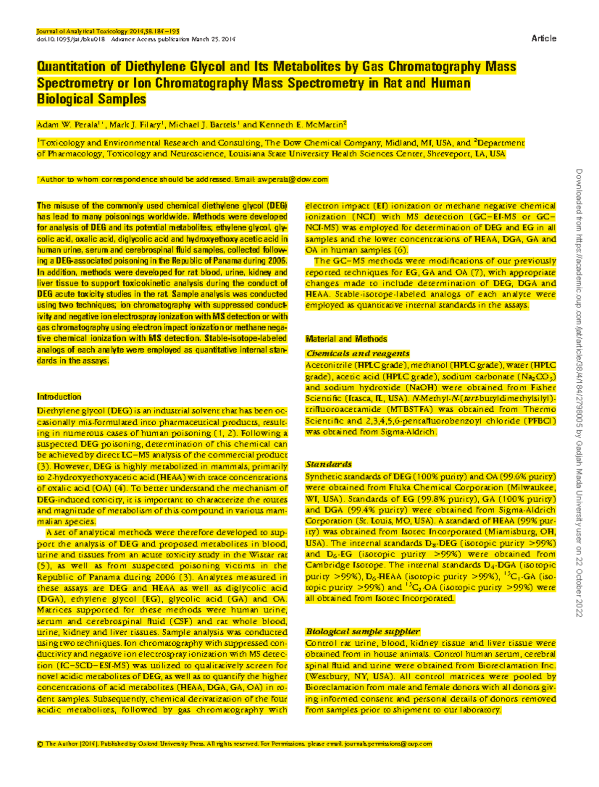 Perala 2014 Quantitation of Diethylene Glycol and Its Metabolites by ...