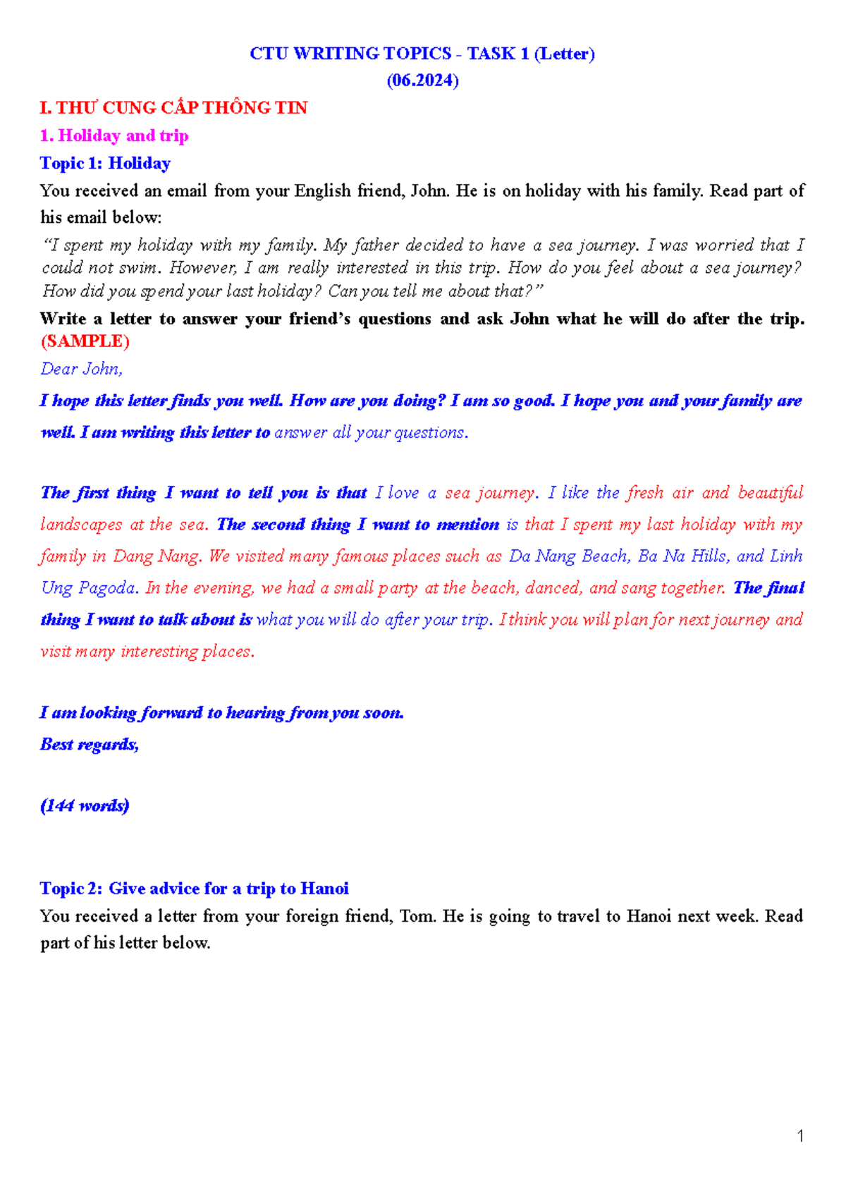 LỚP ÔN T7.8 - 40 BÀI MẪU Writing TASK 1 - VIẾT THƯ - CTU WRITING TOPICS ...