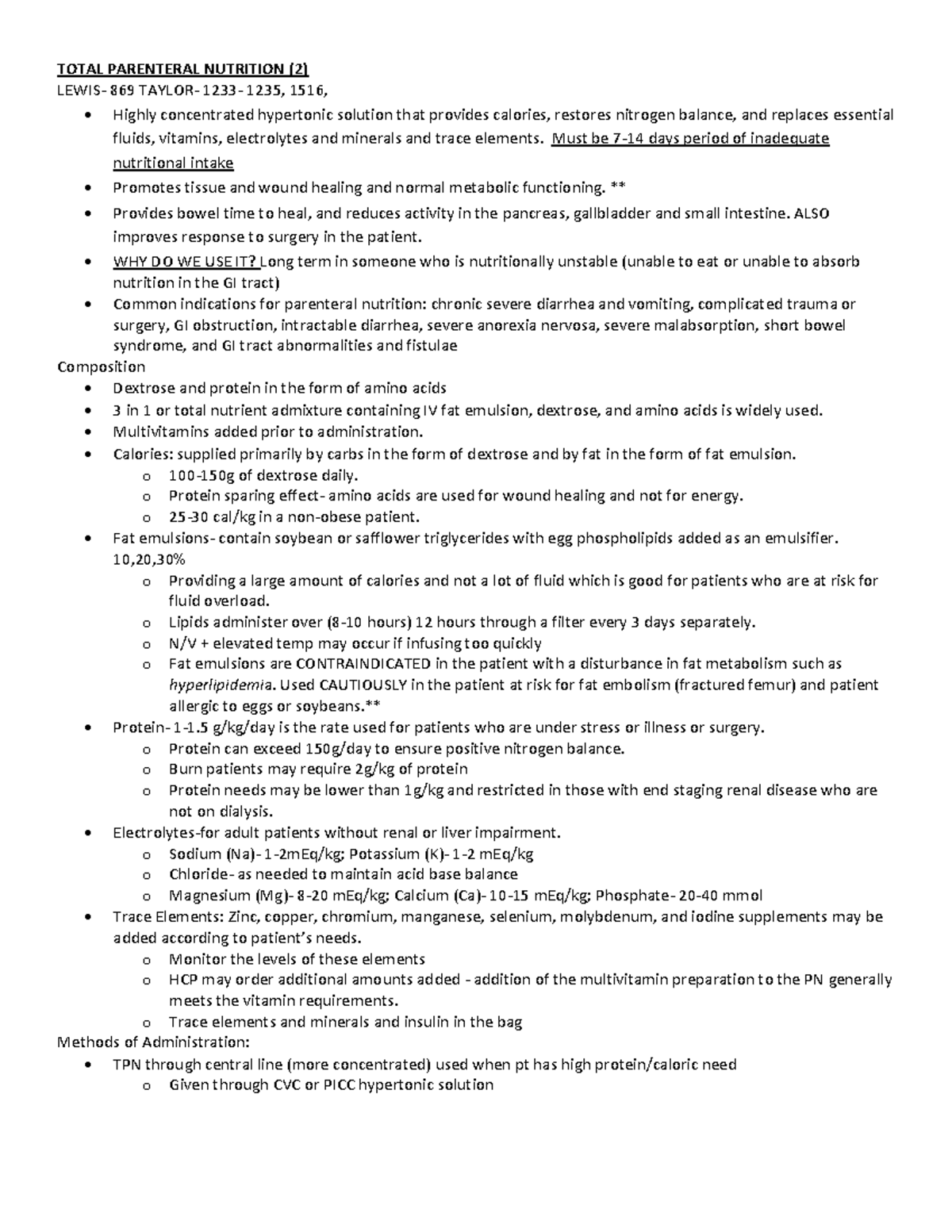 Clinical Final Exam study guide - TOTAL PARENTERAL NUTRITION (2) LEWIS ...